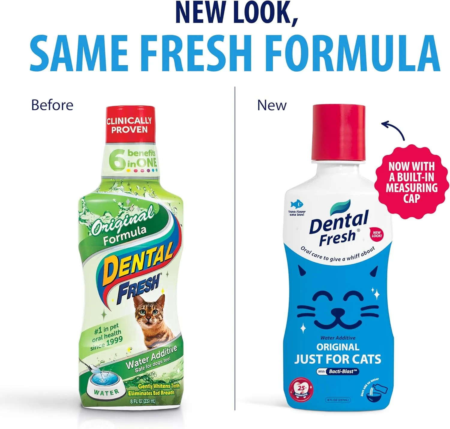 Dental Fresh cat water additive with tuna flavor for tartar support and cleaner teeth.