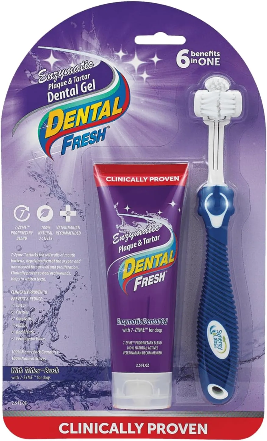 Dental Fresh Enzymatic Gel dog tooth brushing kit with Triflex toothbrush and toothpaste for cleaning.